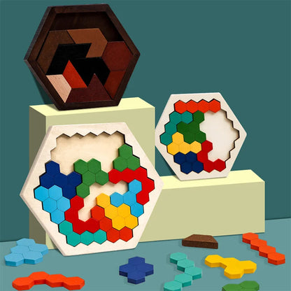 Wooden Hexagon Puzzle for Kid Shape Pattern Block Tangram Brain Teaser Toy Geometry Logic IQ Game Montessori Educational Gift