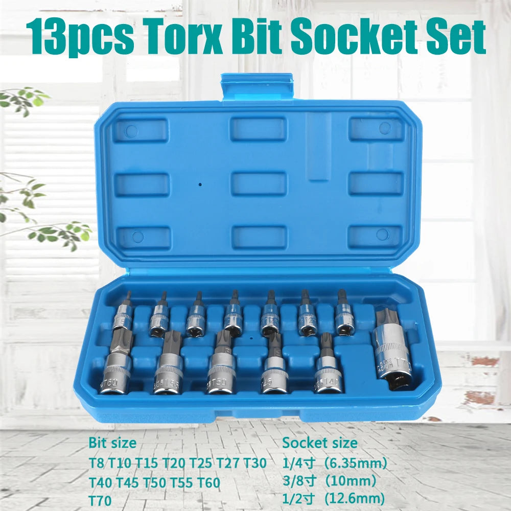 T8-T70 Torx Bit Socket Set 1/4" 3/8" 1/2" Drive Car Removal Tools Socket Wrench Tools 13 Pcs For Ratchet Torque Spanner