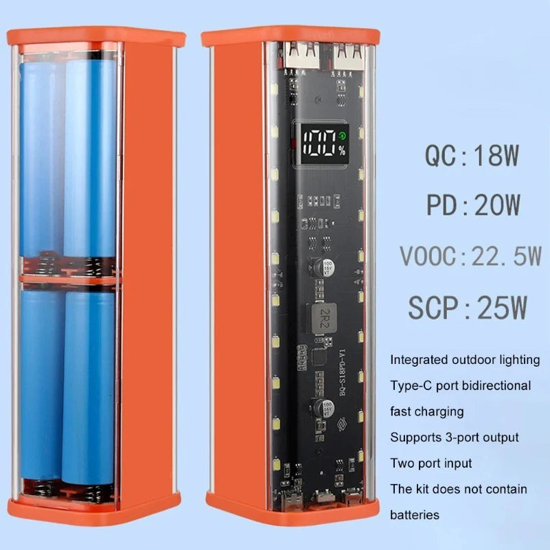 Transparent Shell 18650 Power Bank Case 22.5W Fast Charging LED USB C Micro USB Port Battery Storage Box For iPhone Huawei OPPO