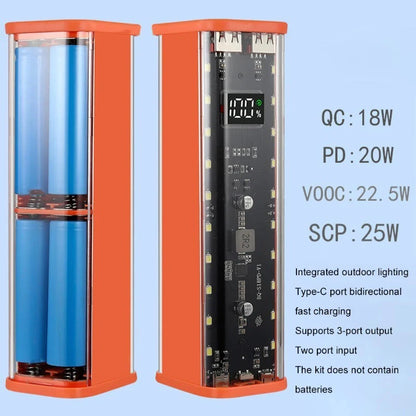 Transparent Shell 18650 Power Bank Case 22.5W Fast Charging LED USB C Micro USB Port Battery Storage Box For iPhone Huawei OPPO