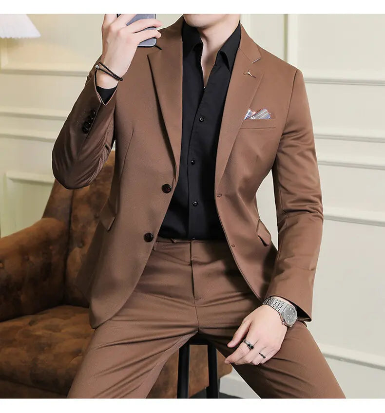 High quality Korean slim fit (suit + trousers) Fashion business handsome casual solid color wedding suit two-piece set