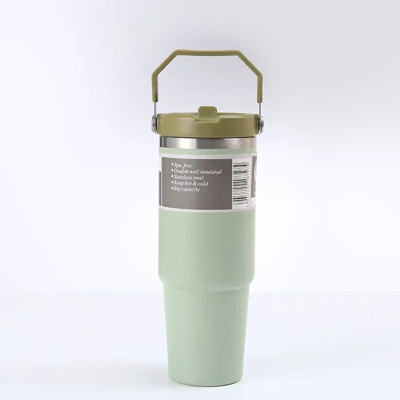 30oz Large Capacity Portable Car Cup Stainless Steel Thermos Cup with Straw & Handle Travel Sports Water Bottle Vacuum Flask