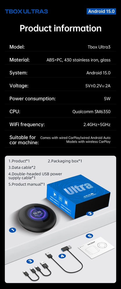 Ultra3 Android Tv Box Android 15 Wireless Carplay Adapter QCM6350 Smart Car Ai Box Carplay For BMW Netflix Youtube 5G LTE