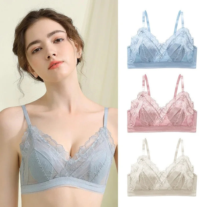 Women's Bra Set French Sexy Sweet Girl Without Steel Ring Color Collision Underwear Thin Section Gathered Lace Triangle Cup Bra