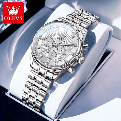 OLEVS 3669 Original Chronograph Quartz Wristwatch for Lady Calendar Waterproof Steel Strap Elegant Dress Women's Watches