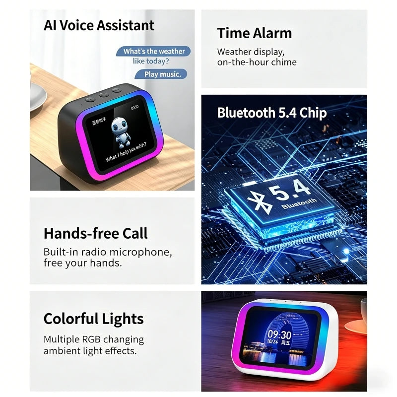 AI Voice Assistant Bluetooth Speaker With RGB Color Lighting Alarm Clock LED Screen Weather Clock Display Electronic Speaker