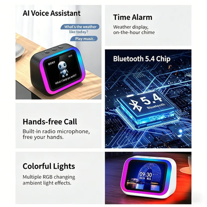 AI Voice Assistant Bluetooth Speaker With RGB Color Lighting Alarm Clock LED Screen Weather Clock Display Electronic Speaker