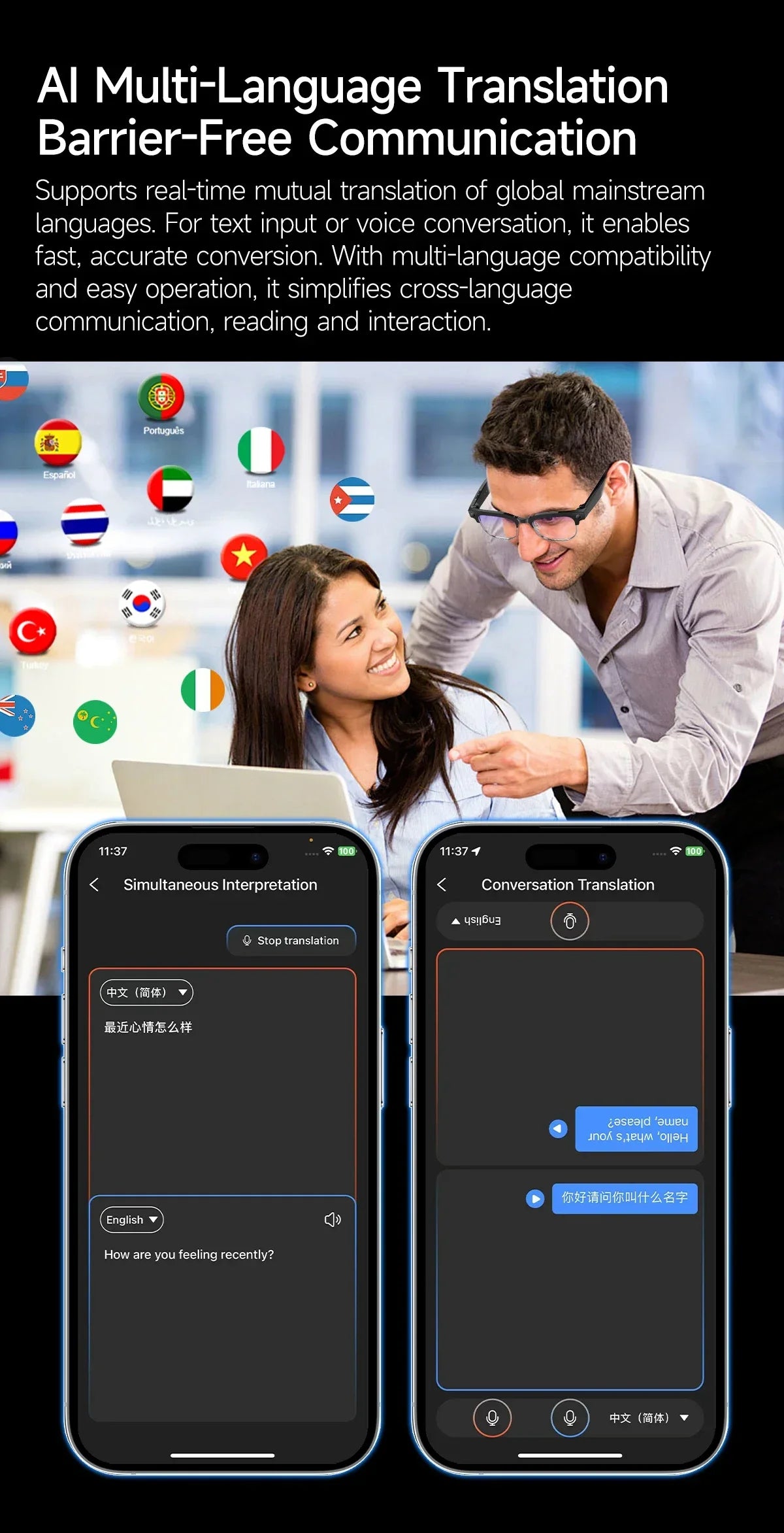 New AI Smart Glasses, 800W Camera Video Recording, AI Photo Recognition, Bluetooth Call & Voice Translation Eyewear