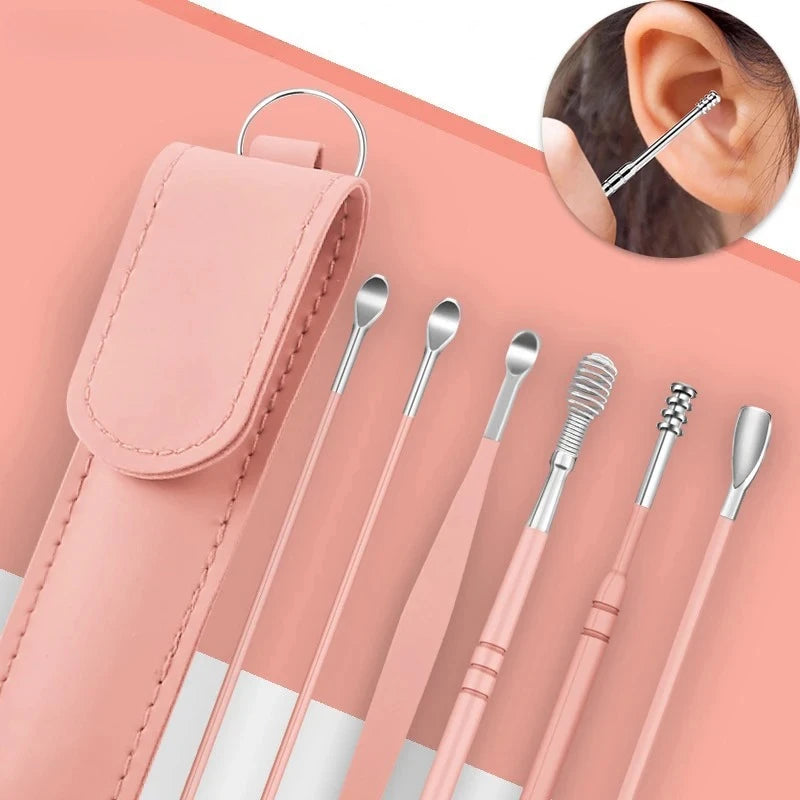 6Pcs/Set Stainless Steel Ear Cleaner Portable Ear Spoons Spiral Earwax Cleaning Removal Tools Reusable Earpick Beauty Accessory