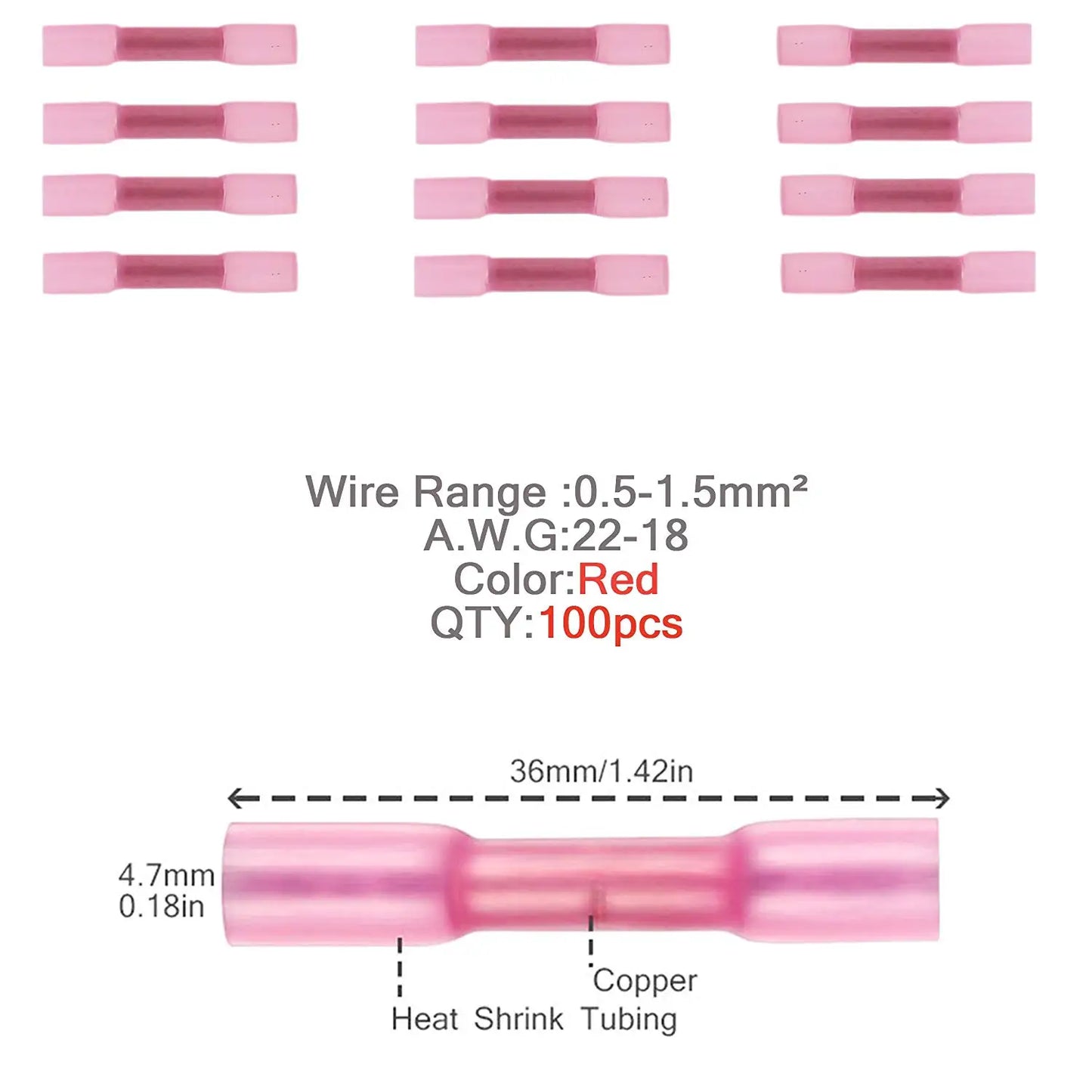 50/200/500pcs Heat Shrink Butt Cable Wire Crimp Connector 0.5-1.5mm2 Electrical Terminals Quick Connector BHT1.25 Red 22-18 AWG
