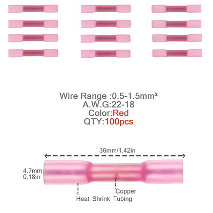 50/200/500pcs Heat Shrink Butt Cable Wire Crimp Connector 0.5-1.5mm2 Electrical Terminals Quick Connector BHT1.25 Red 22-18 AWG
