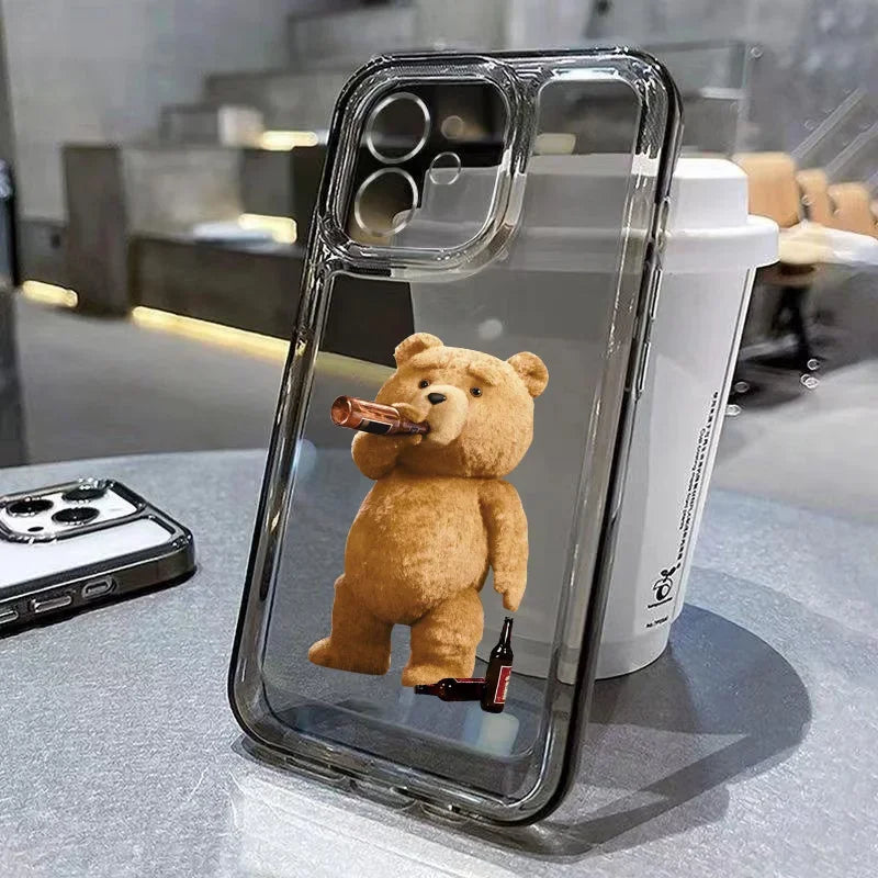 Funny Cartoon Bear Phone Case for iPhone 17 16 15 14 13 12 11 Pro Max Mini SE 7 8 Plus Luxury Shockproof Transparent Soft Cover