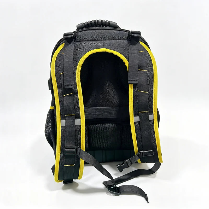 Heavy-duty tool backpack with detachable tool storage pockets, large capacity storage bags, and multi-functional slip pockets.