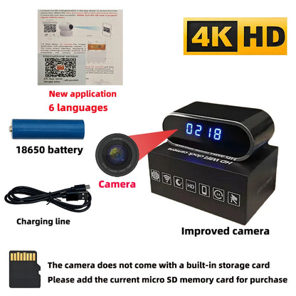 Improved 4KHD mini WiFi clock camera, supporting remote viewing, motion detection, infrared night vision, and home mini camera