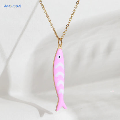 Cute Colorful Enamel Fish Pendant Necklaces For Women Girls Lovely Stainless Steel Gold Color Summer Waterproof Beach Jewelry