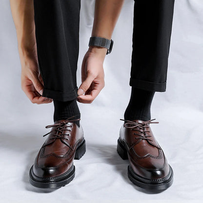 Men Korea Leather Platform Oxfords Slip on Thick Tottom for Male Derby Shoes Casual Loafers Mens Square Toe Formal Dress Shoes