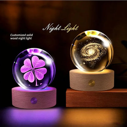 Personalized Custom Laser Engraved Crystal Ball Night Light Wooden Base Gift Commemorate Family and Important Days