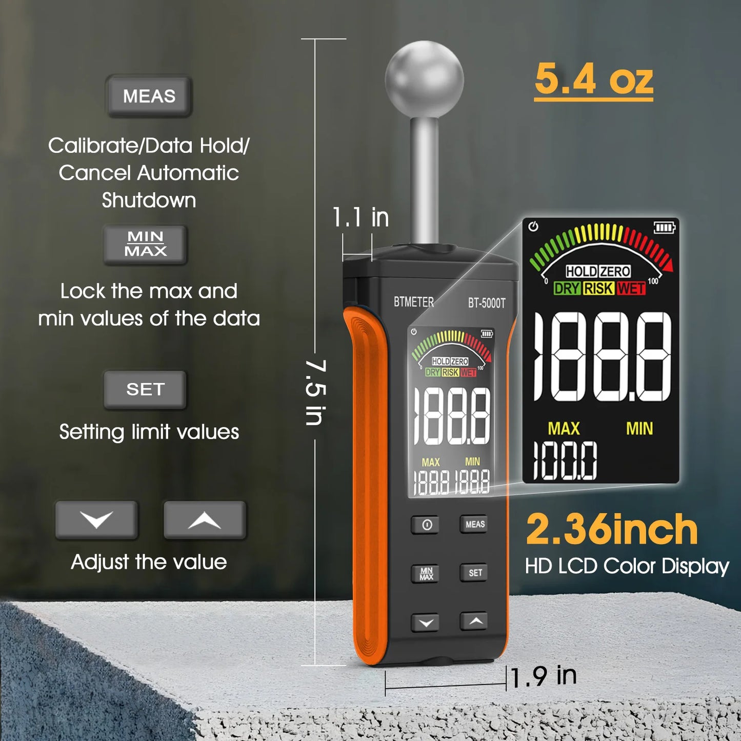 BTMETER Wood Moisture Meter - Pinless Moisture Detector Measur Depth 20-40mm Non-Destructive Moisture Tester with Masonry