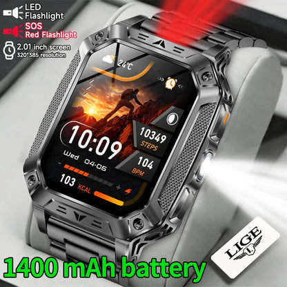 LIGE Wojskowy Inteligentny Zegarek 2.01'' Ekran HD Outdoor Sportowy Męski Zegarek SOS Czerwony Alarm Migająca Latarka Monitor Zdrowia Smartwatch