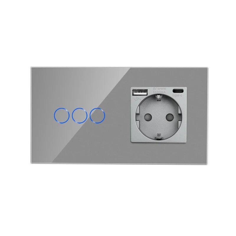 Bingoelec Grey Smart Light Switch and WiFi Wall Socket with Crystal Glass Panel Switches with Sockets Home Improvement