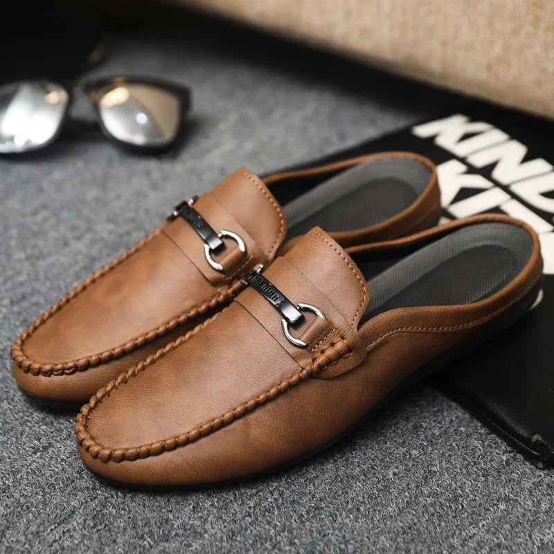 Summer Half Shoes For Men Comfortable Leather Casual Shoes Soft Flat Men's Loafers Lightweight Slip-on Shoes Man Daily Slippers