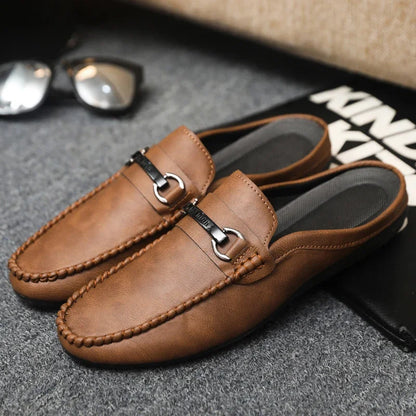 Summer Half Shoes For Men Comfortable Leather Casual Shoes Soft Flat Men's Loafers Lightweight Slip-on Shoes Man Daily Slippers