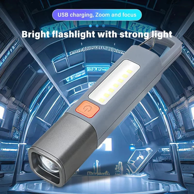Mini Portable LED Strong Lighting ABS Flashlamp USB Rechargeable With Hook Zoomable Torch Outdoor Camping Hanging Emergency Lamp