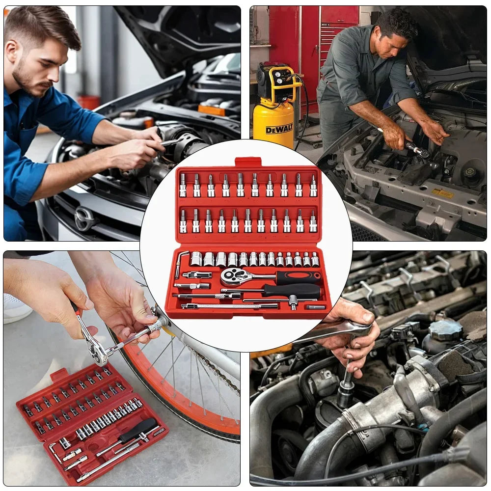 46pcs Family Tools 1/4 Inch Drive Socket Ratchet Wrench Set Complete Car Repair Kit for Motorcycle and Bicycle Maintenance Tools
