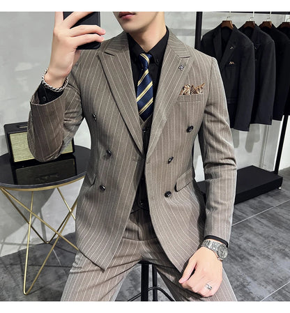 Slim Fit Double-breasted Striped Suit Vest Trousers 3-Piece Set Korean Fashion M-7XL Men's Fashionable Striped Three-piece Suit