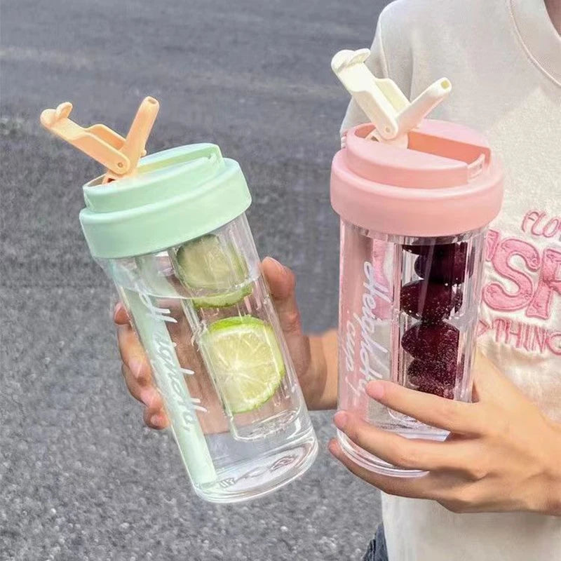 600ML Water Cup Handy Sports Water Bottle Food Grade Material Tea Partition Water Cup Female Straw Summer Portable Bottle