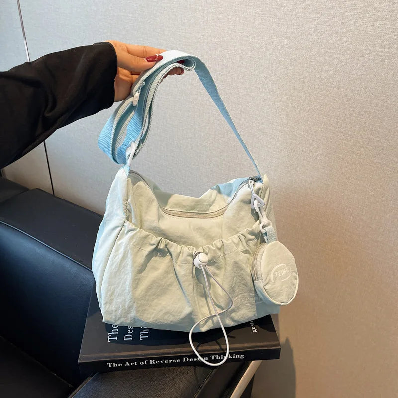 Chic Nylon Crossbody Bag Casual Drawstring Messenger Bag with Detachable Pouch, Adjustable Strap Shoulder Purse for Daily Travel