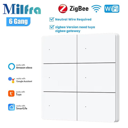 Milfra Smart Switch Zigbee WIFI Light Switch 1/2/3/4/6 Gang Voice Control Work With Alexa Google Home Tuya Control With Neutral