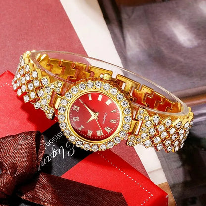 Golden Luxury Watch Women Ring Necklace Earring Rhinestone Fashion Wristwatch Casual Ladies Bracelet Watches Jewelry Set