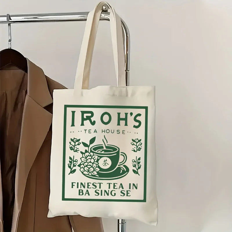 A Iluo Teahouse Pattern printed canvas tote bag, suitable for daily use, shopping, school, and travel