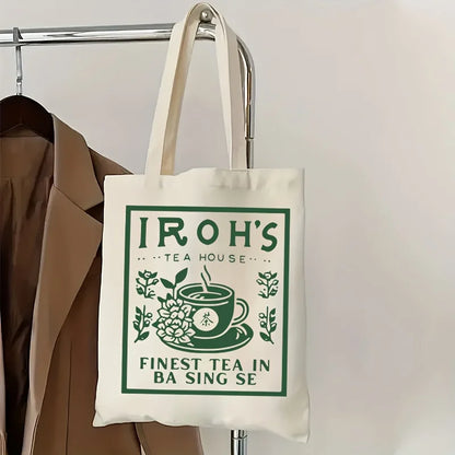 A Iluo Teahouse Pattern printed canvas tote bag, suitable for daily use, shopping, school, and travel