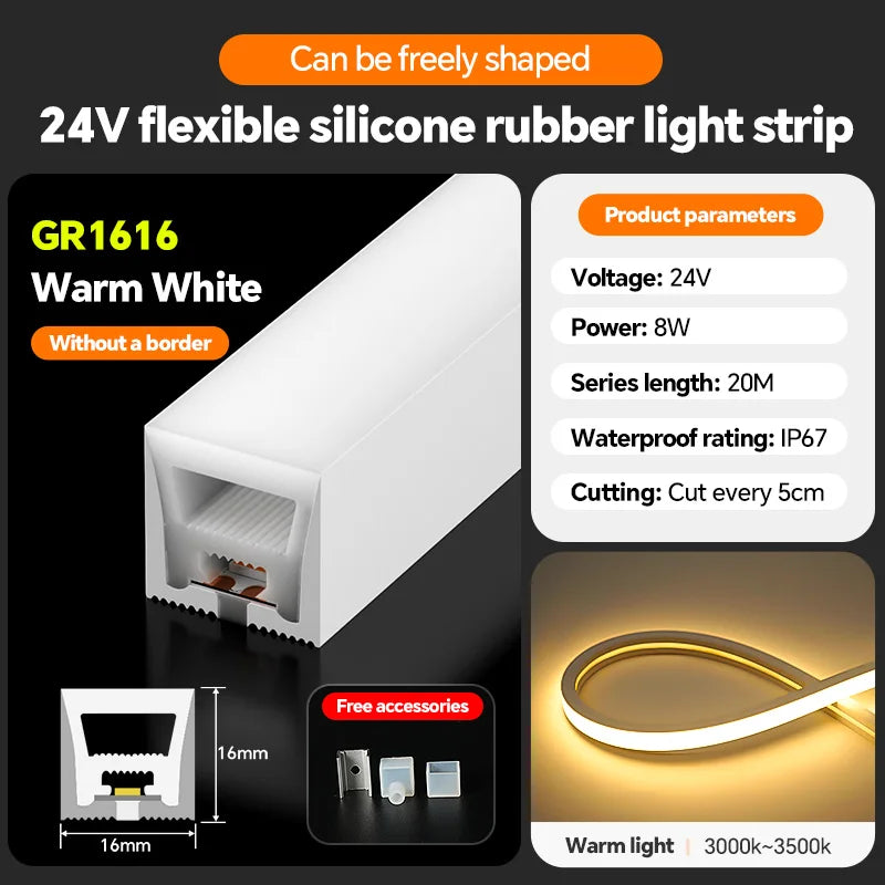 LED flexible silicone light strip embedded 24V waterproof tubing linear lamp concealed installation flexible soft light strip