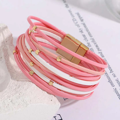 ALLYES Charm Triple Color Leather Bracelet for Women Bohemian Metal Beads Multilayer Thin Strip Wrap Bracelets Fashion Jewelry
