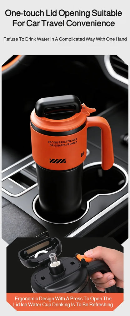 1L 304 Stainless Steel Vacuum Insulated Water Bottle One Touch Flip Lid Thermos Mug with Straw Handle for Car Travel Home Daily