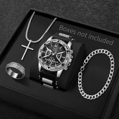 4PCS/Set Fashion Silicone Strap Men Quartz Wristwatch Male Arabic Dial Watch With Jewelry Set Reloj Hombre (Without Box)