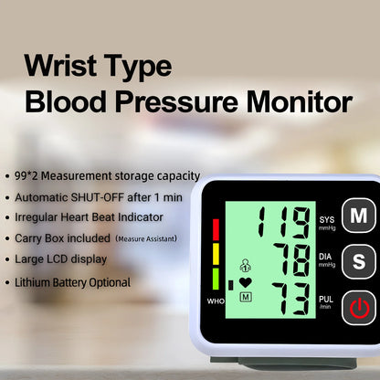 Medical Digital Wrist Blood Pressure Monitor Heart Rate Pulse Meter Measure Sphygmomanometer PR LCD Screen Portable Health Care