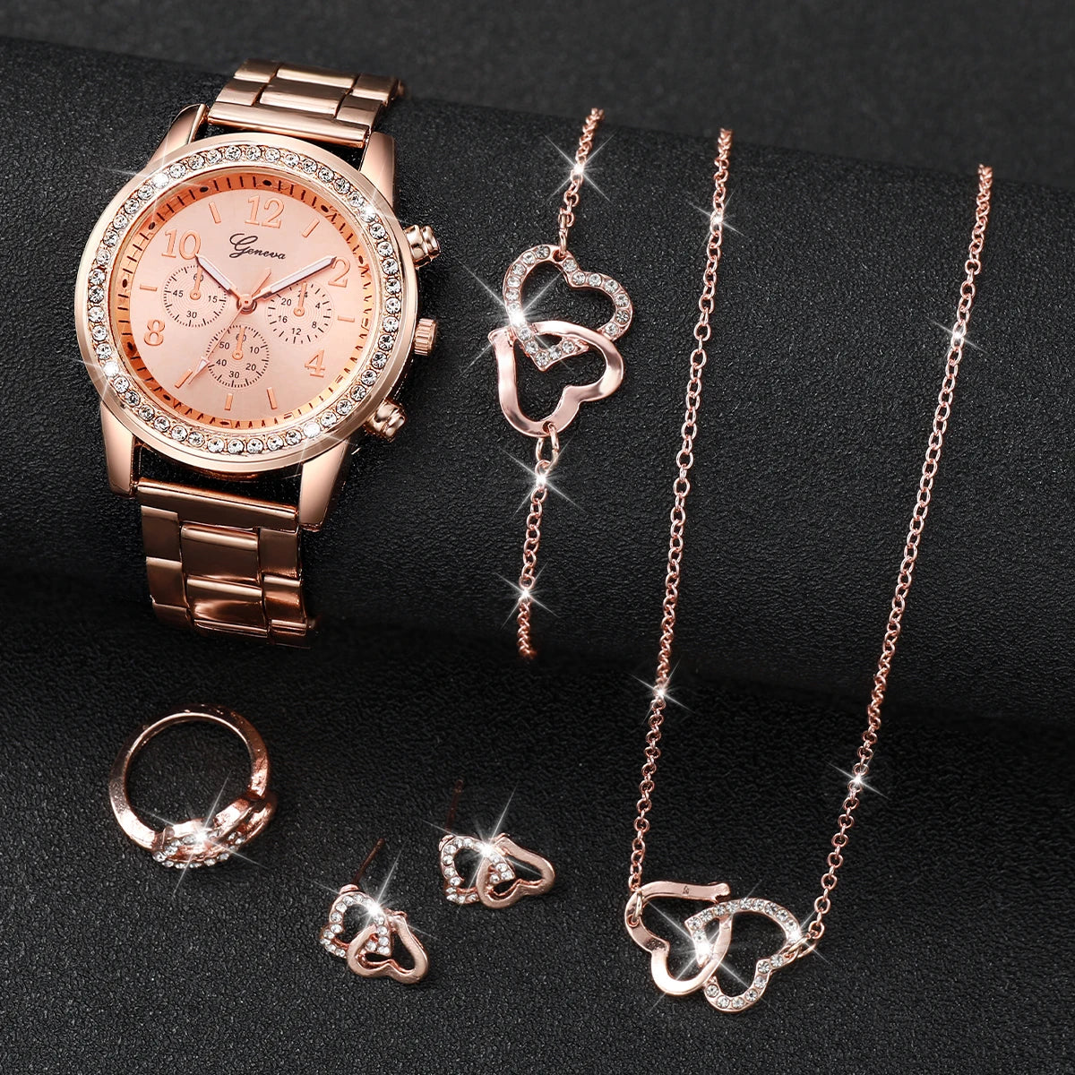6PCS/Set Women's Watch Fashion Rhinestone Stainless Steel Band Quartz Watch Double Heart Jewelry Set（Without Box）