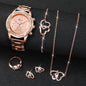 6PCS/Set Women's Watch Fashion Rhinestone Stainless Steel Band Quartz Watch Double Heart Jewelry Set（Without Box）