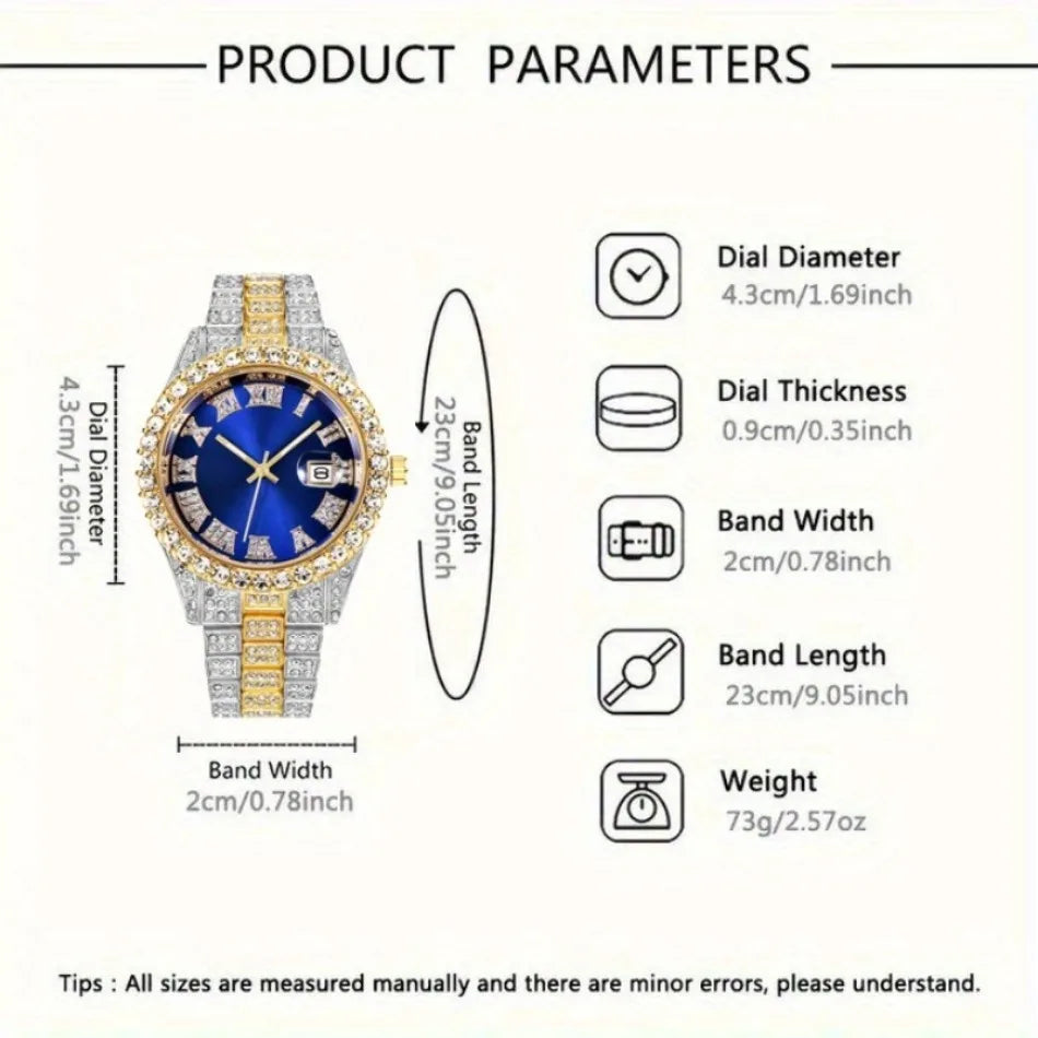 4pcs/set, Business Luxury Men's Rhinestone Watch Jewelry Set, Classic Silvery Men Quartz Calendar Wrist Watch - Gifts for Men,