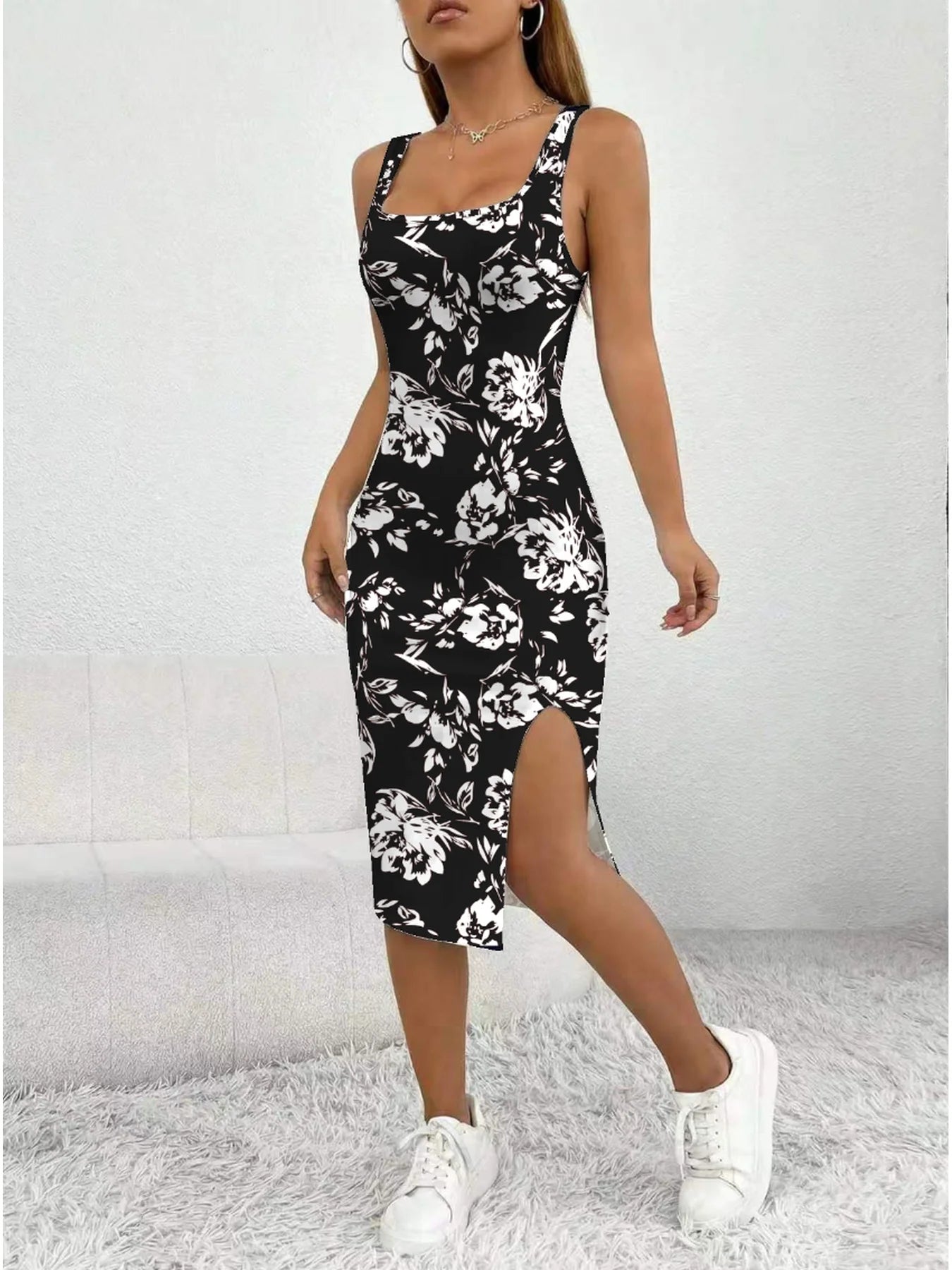 Women's Summer Casual Elegant Comfortable Square Neck Geometric Pattern Floral Pattern Slit Dress Mid Length Skirt