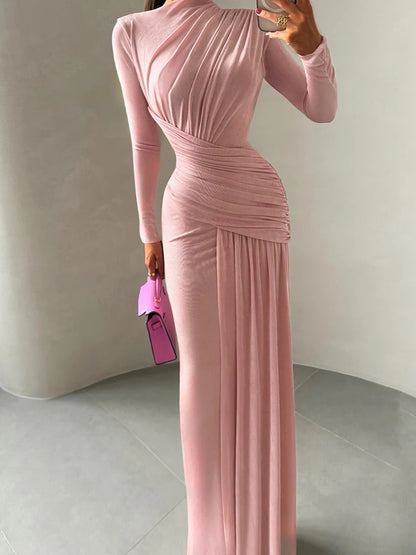 Nibber Folds Maxi Dress Women o-Neck Full Sleeve Solid Banquet Elegant Vacation Fashion Autumn Skinny Casual Simple Vestidos