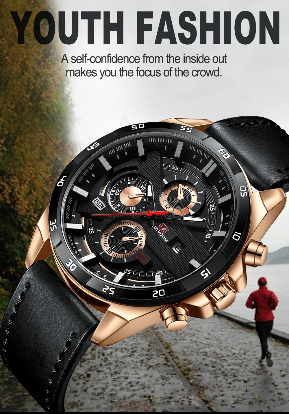 Man Sports Watches Fashion Racing Series 46mm Black Leather Clock VA VA VOOM Quartz Movement 3Bar Waterproof Wrist Watch for Men