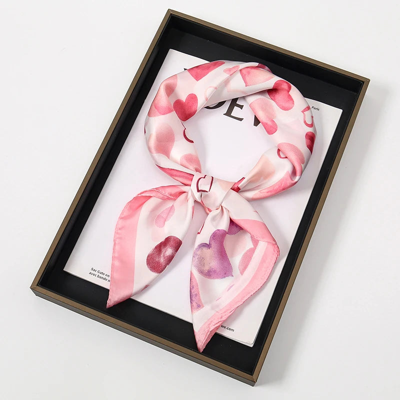 Cute Styles Girl Silk Scarf Luxury Women Hair Scarves Square Design Pink Heart Headscarf 70cm Summer Shawl Hijab Wrap Headband