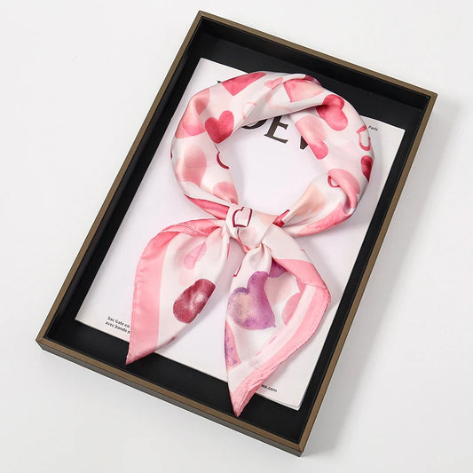 Cute Styles Girl Silk Scarf Luxury Women Hair Scarves Square Design Pink Heart Headscarf 70cm Summer Shawl Hijab Wrap Headband