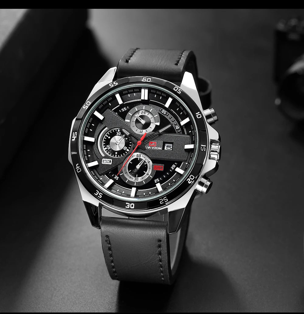 Man Sports Watches Fashion Racing Series 46mm Black Leather Clock VA VA VOOM Quartz Movement 3Bar Waterproof Wrist Watch for Men