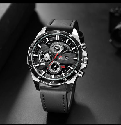 Man Sports Watches Fashion Racing Series 46mm Black Leather Clock VA VA VOOM Quartz Movement 3Bar Waterproof Wrist Watch for Men